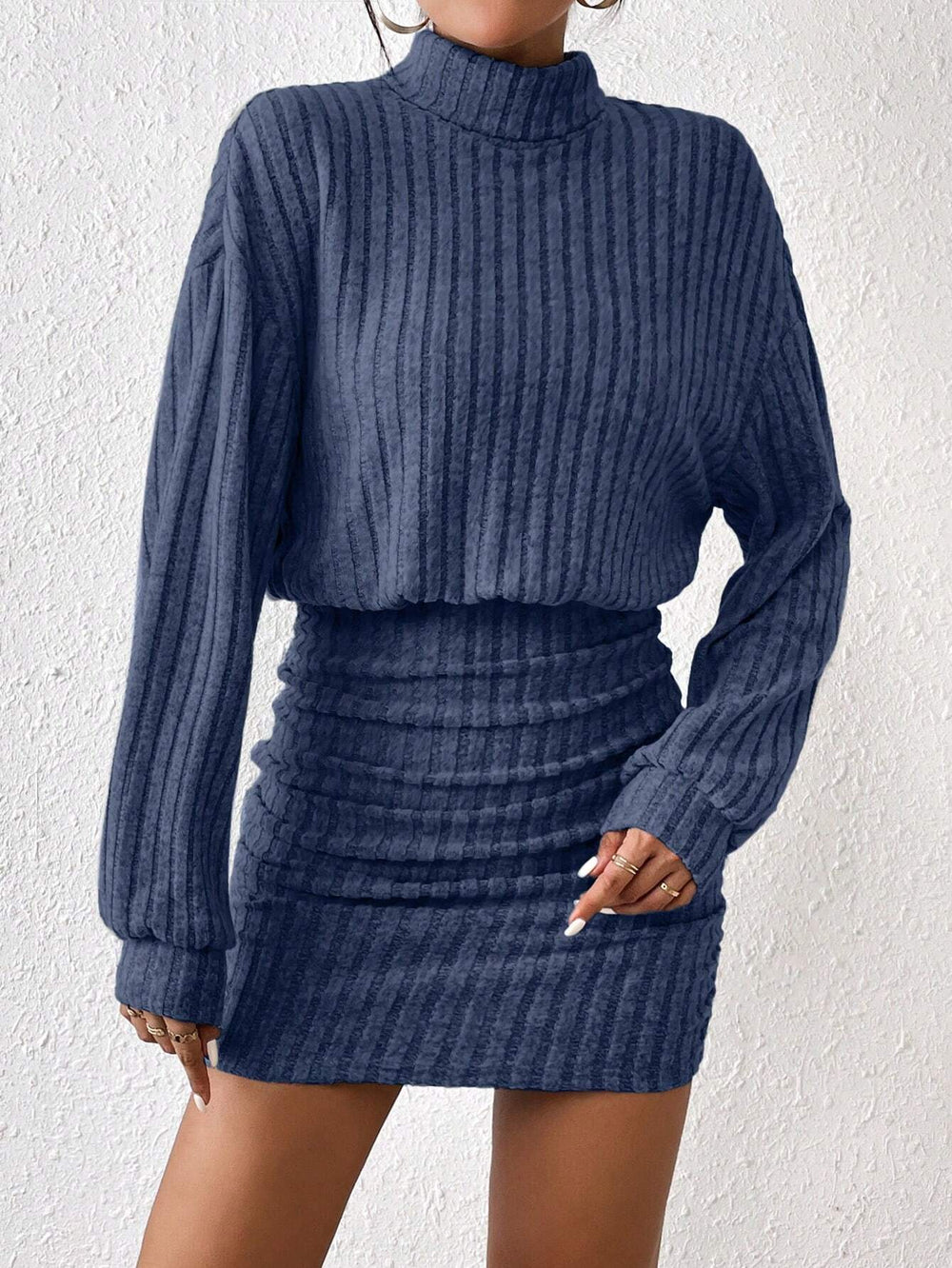 SHEIN Frenchy Turtleneck Drop Shoulder Ruched Bodycon Textured Fabric Dress