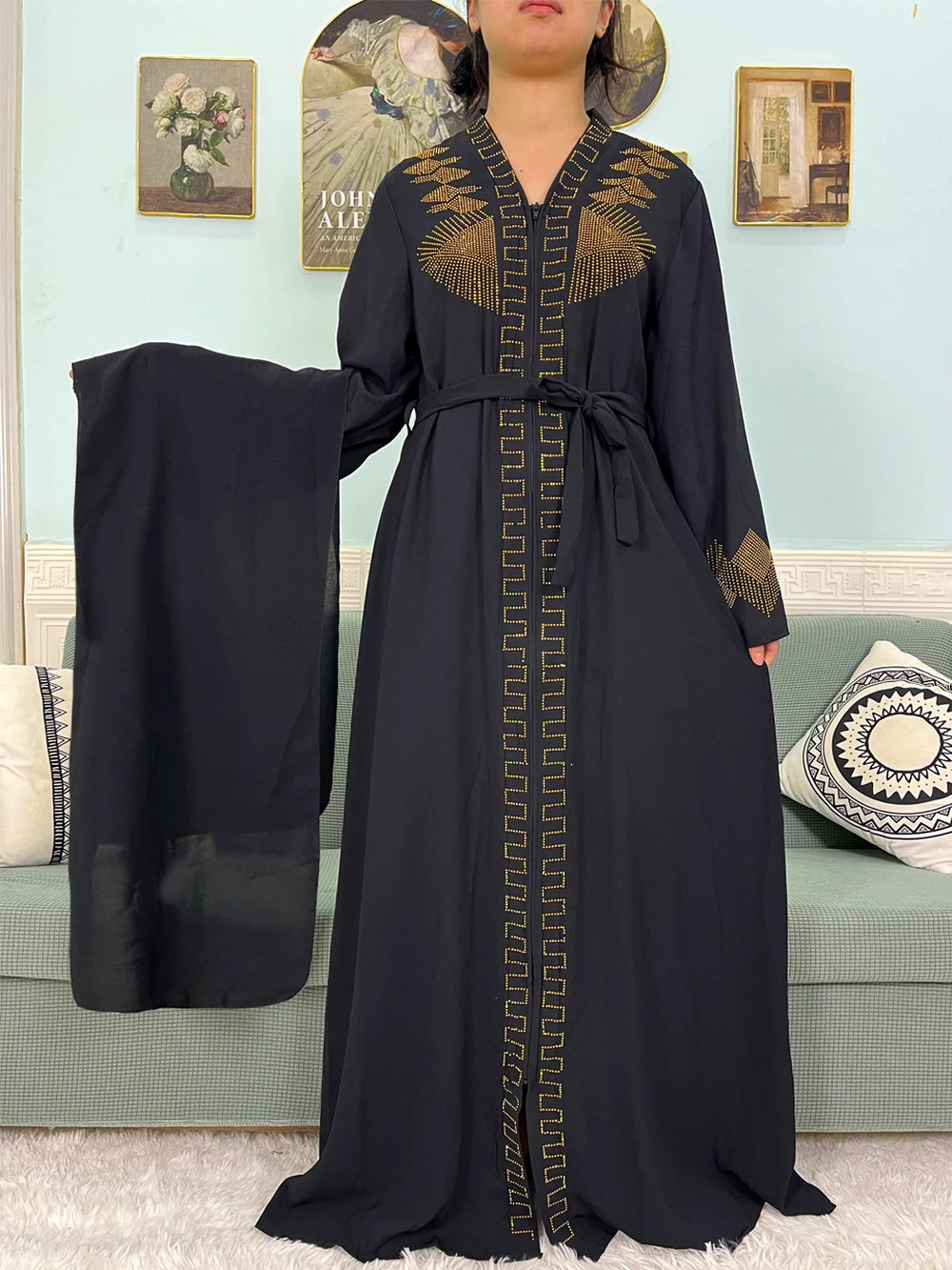 Muslim Chiffon Abayas For Women 2024 Dubai Islam Loose Fit Femme Robe Long Sleeved Diamond Studded Solid Color With Belt Turban