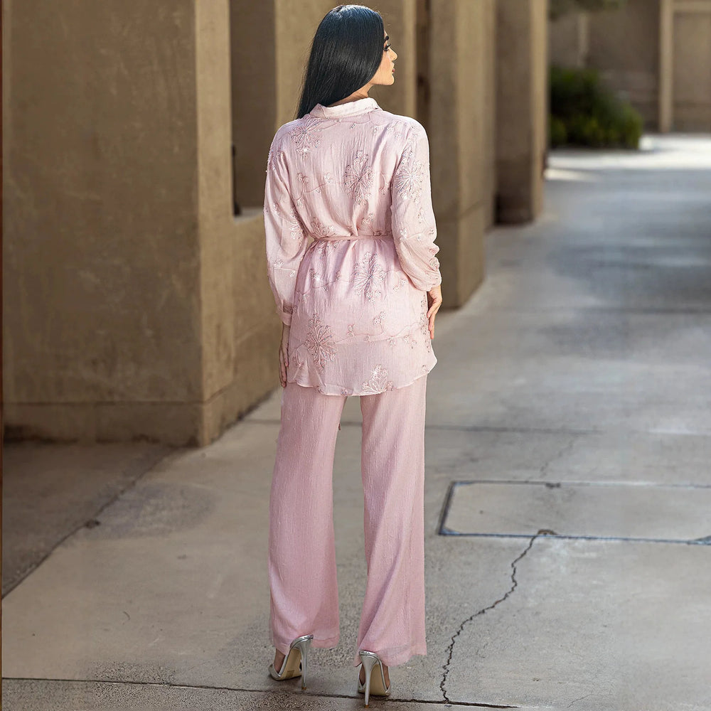 Sequin Embroidery Muslim Women 2 Piece Outfit Lapel Long Sleeve Top Wide Leg Pants Elegant Dubai Abaya Modest Islamic Clothing