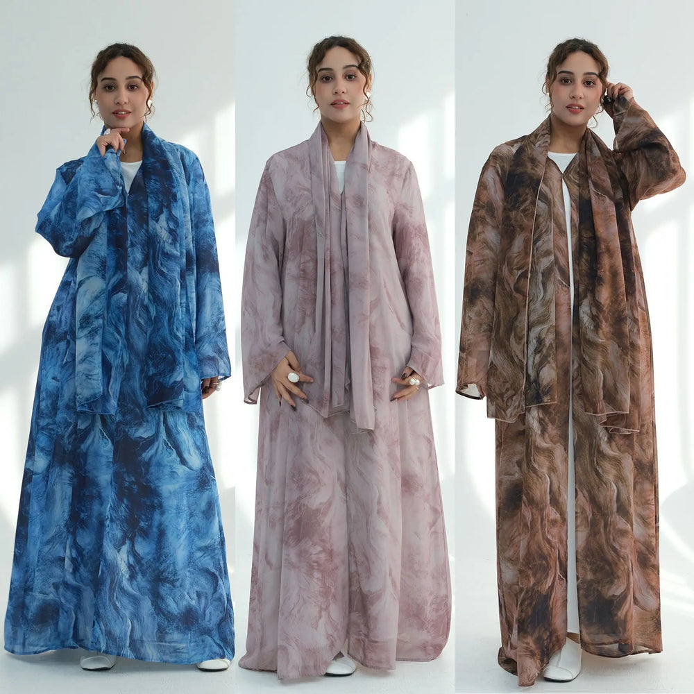 Wholesale Chiffon Open Abaya Ombre Watercolor Marble Tie-Dye Printed Premium Dubai Abaya 2 Piece Set Islamic Clothing