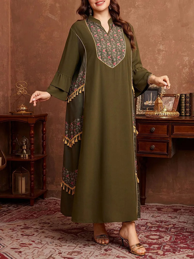 GIBSIE Plus Size Ethnic Style Print Tassel Abaya Dress Women Spring and Autumn Flared Sleeve Boho Loose Maxi Dresses 2026 New