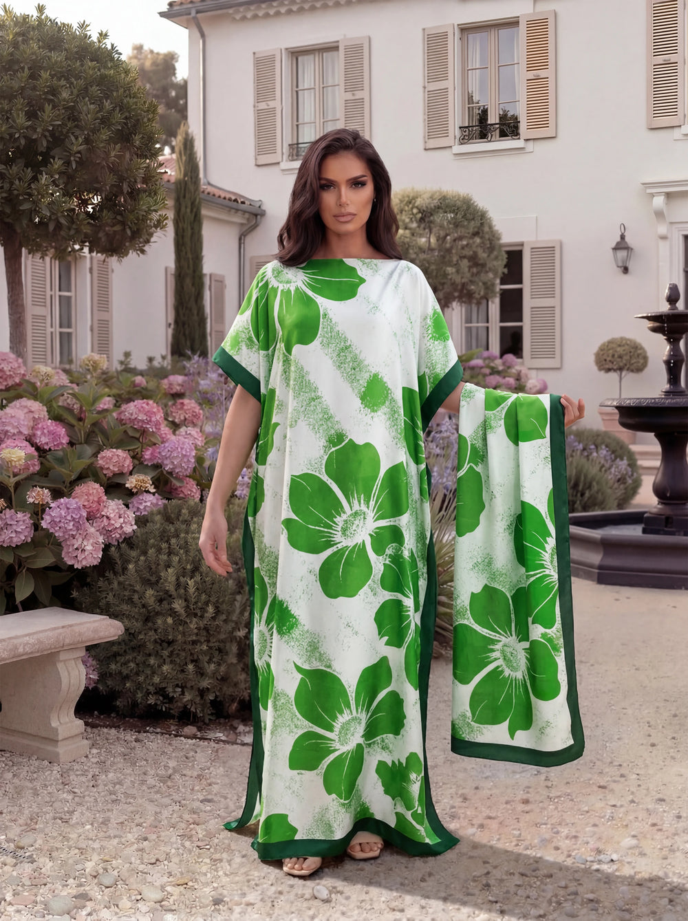 Boho Large Floral Print Satin Abaya Scarf Set, Loose Batwing Maxi Kaftan for Muslim Women Summer Beach Holiday Wear