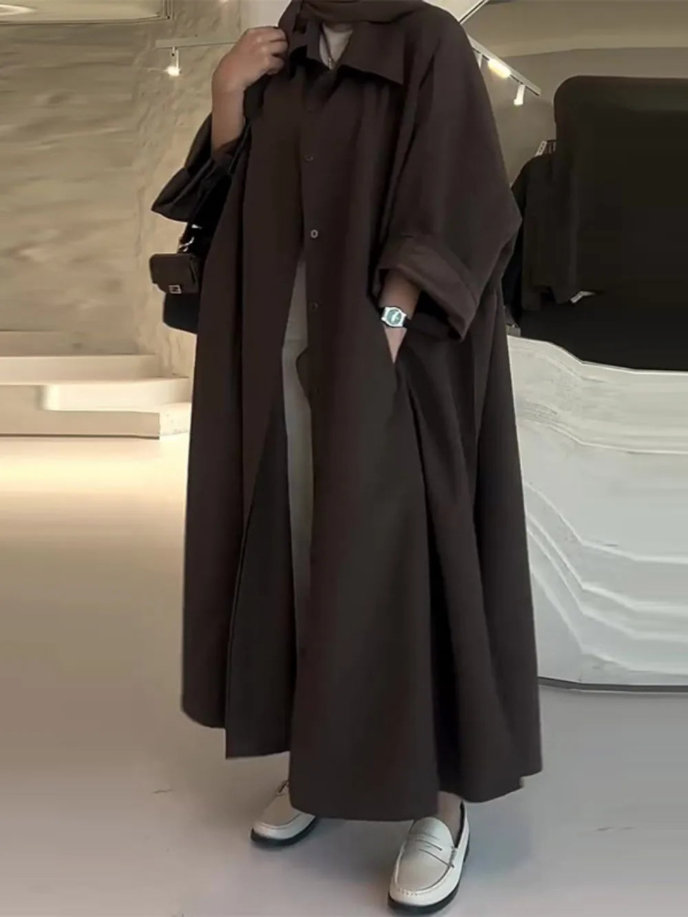 Eid Muslim Women Abaya Trench Coat Single Breasted Lapel Overcoat Ramadan Morocco Dubai Windbreaker Arab Casual Long Outerwear