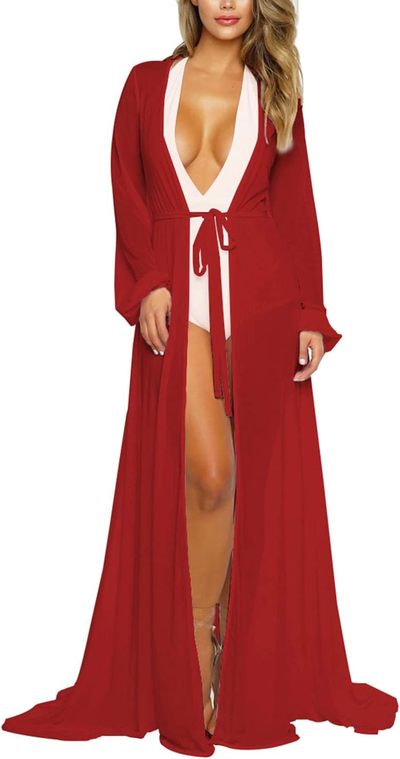 Women's Sexy Thin Mesh Long Sleeve Tie Front Swimsuit Swim Beach Maxi Cover Up Dress