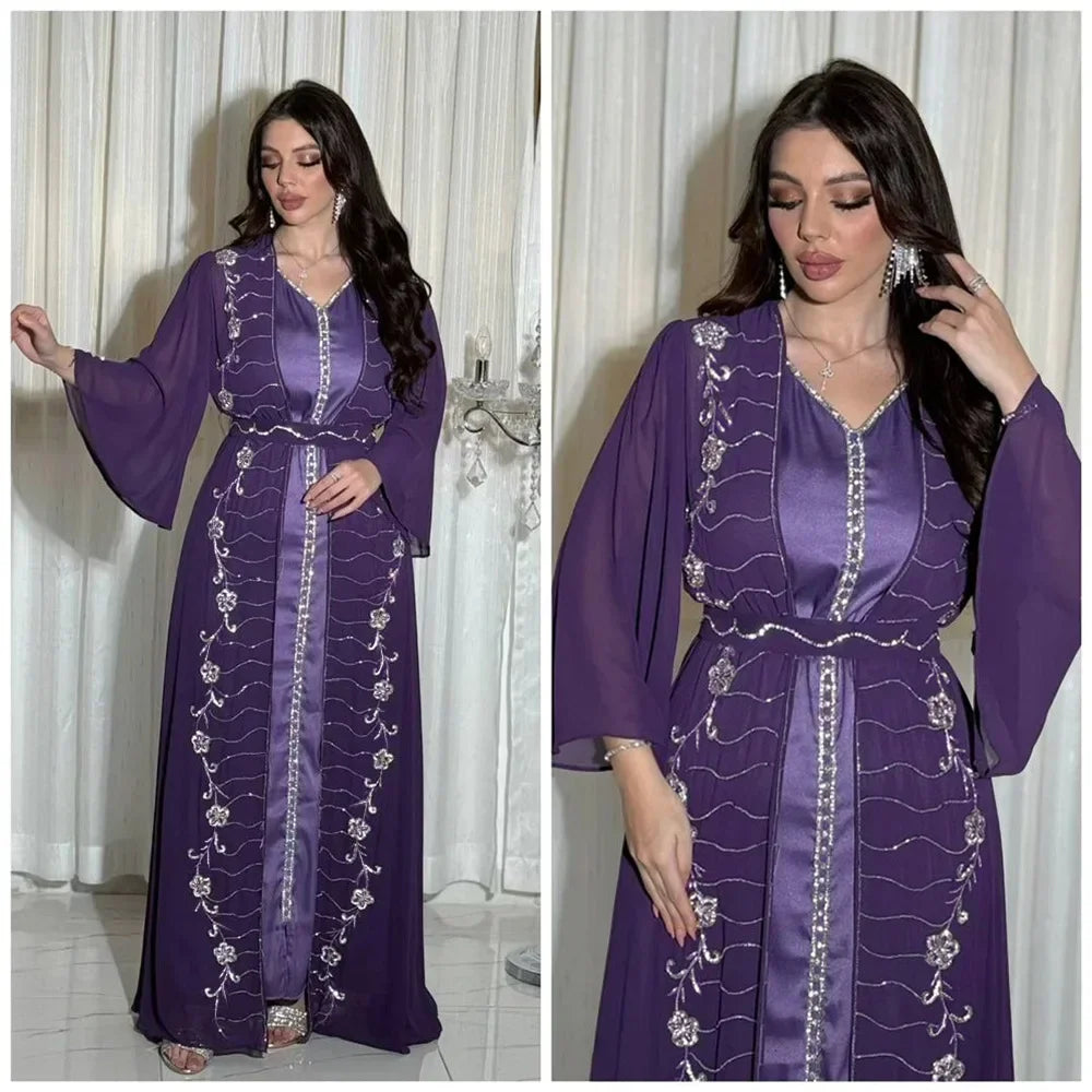 Autumn Fashion Muslim Dresses for Women Muslim Long Sleeve V-neck Party Evening Long Abay Dress Suit Inner and Abaya Outfits