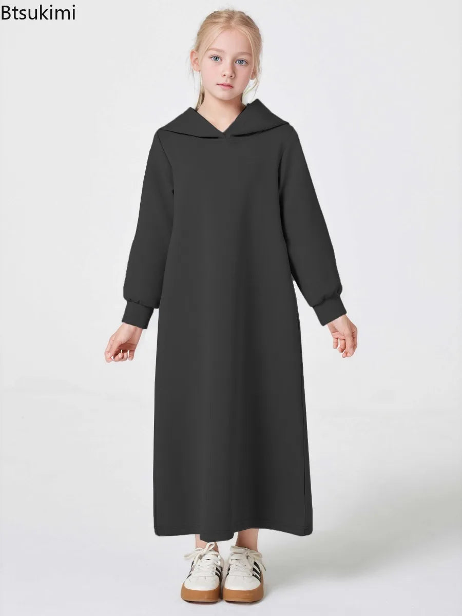 Middle East Muslim Fashion Abayas for Girls Solid Color Simple Hoodie Dress with Pocket Hooded Cuff Design Eid Ramadan Kids Robe