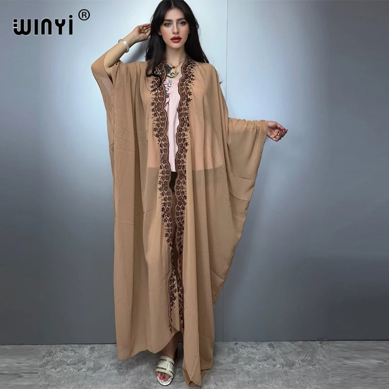 WINYI boho kimono Chiffon embroidery Cardigan sexy  evening dress abaya dubai luxury cover-ups beach outfits women party dress