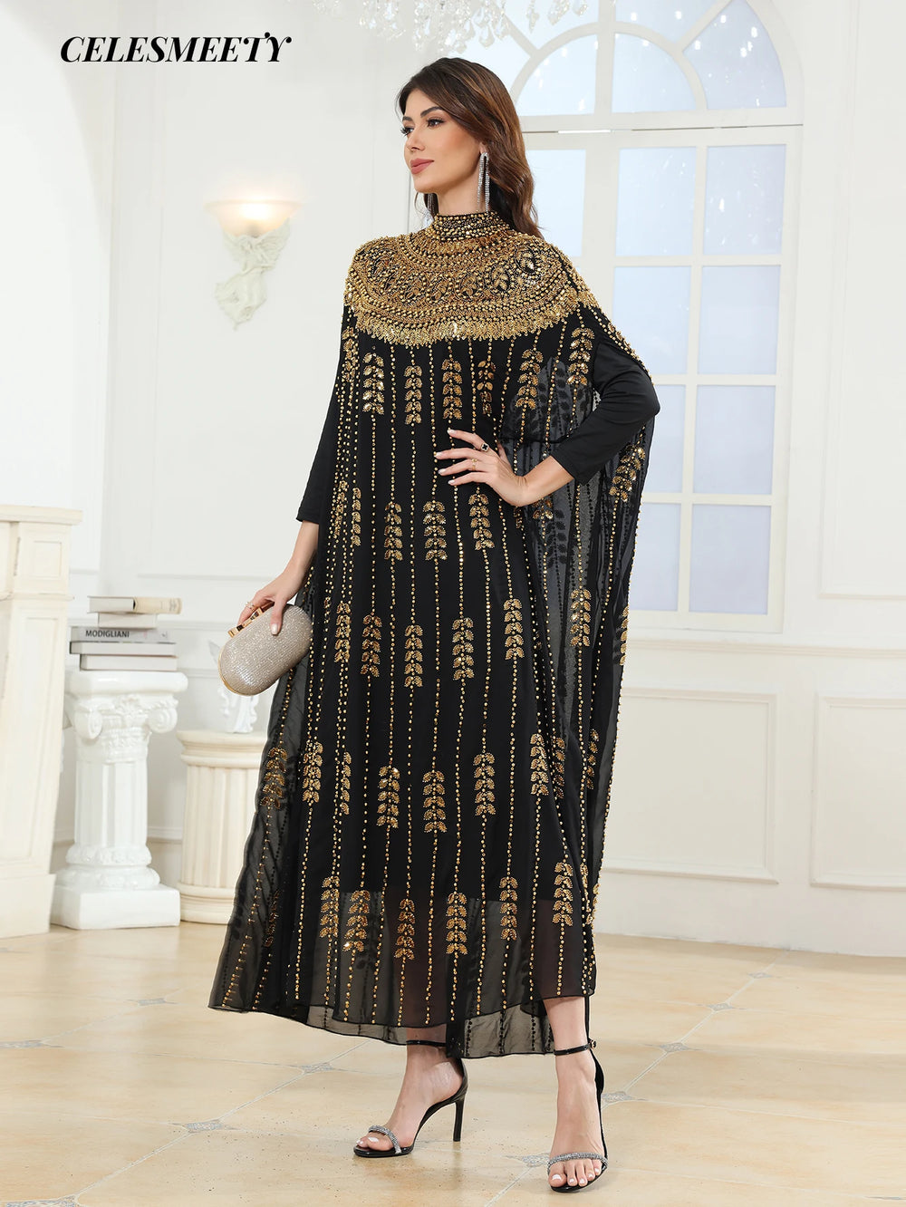 Luxury Women's Royal Black Gold V-Neck Sequin Embroidered Arabian Abaya Cloak Sleeve Dress, Suitable For Parties, Weddings