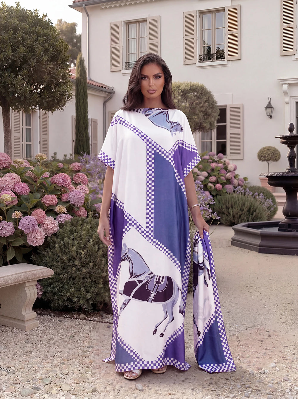 Checkered Diamond Horse Print Satin Abaya Scarf Set, Loose Batwing Kaftan For Muslim Women Summer Holiday Beach Wear