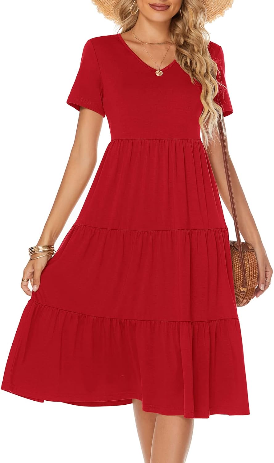 Berydress Women's Casual Summer Tiered Midi Dress 2025 Short Sleeve V-Neck Loose Cotton Ruffle Babydoll Dress Boho Sundress