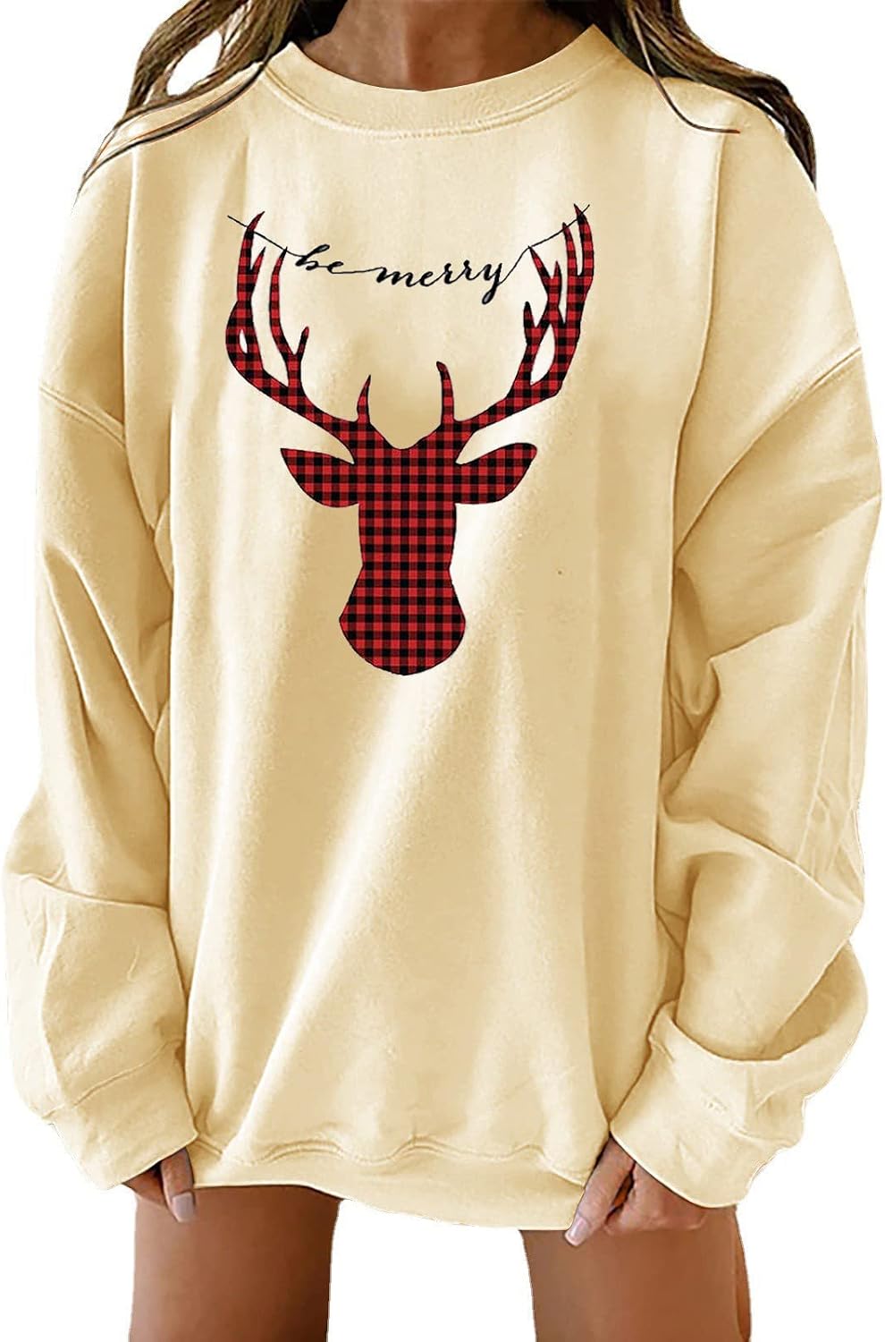 Christmas Casual Sweatshirt for Women Fall Long Sleeve Crew Neck Pullover Cute Elk Plaid Print Relaxed -Fit Comfy Tops