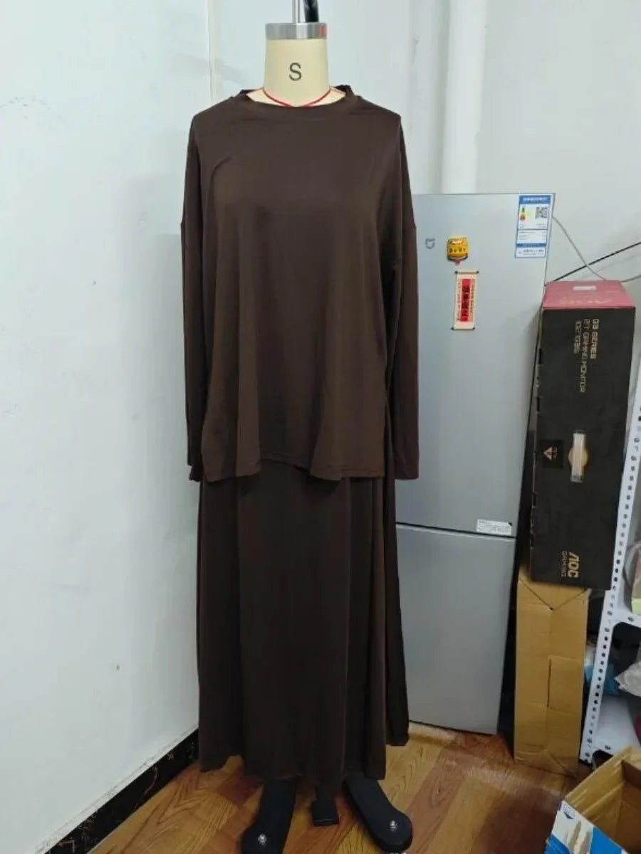 Two Piece Set Muslim Women Shirt Skirt Suits Without Scarf Ramadan Morocco Dubai Abayas Islam Outfits Jalabiya Musulman Ensemble