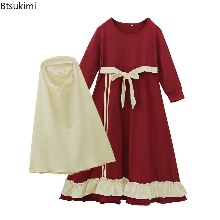 Muslim Ramadan 2Pcs Islamic Girls Modest Prayer Gown Long Sleeve Dress Hijab Arabic Kids Abayas Dubai Kaftan Robe with Headscarf
