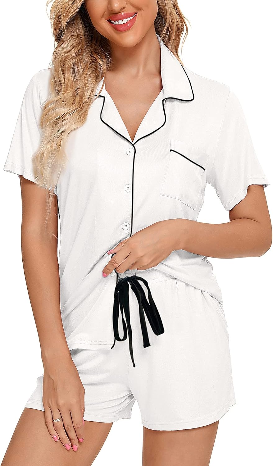 Anjue Womens Pajamas Set Short Sleeve Sleepwear Button Down Nightwear Shorts Soft Pj Sets S-XXL