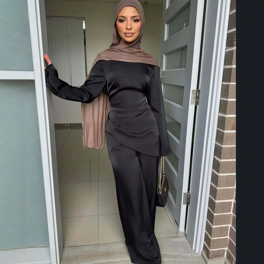 Solid Blouse Long Pants 2 Piece Sets Satin Women Muslim Suit Modest Outfits Morocco Dubai Tops Ensemble Ramadan Islam Clothing