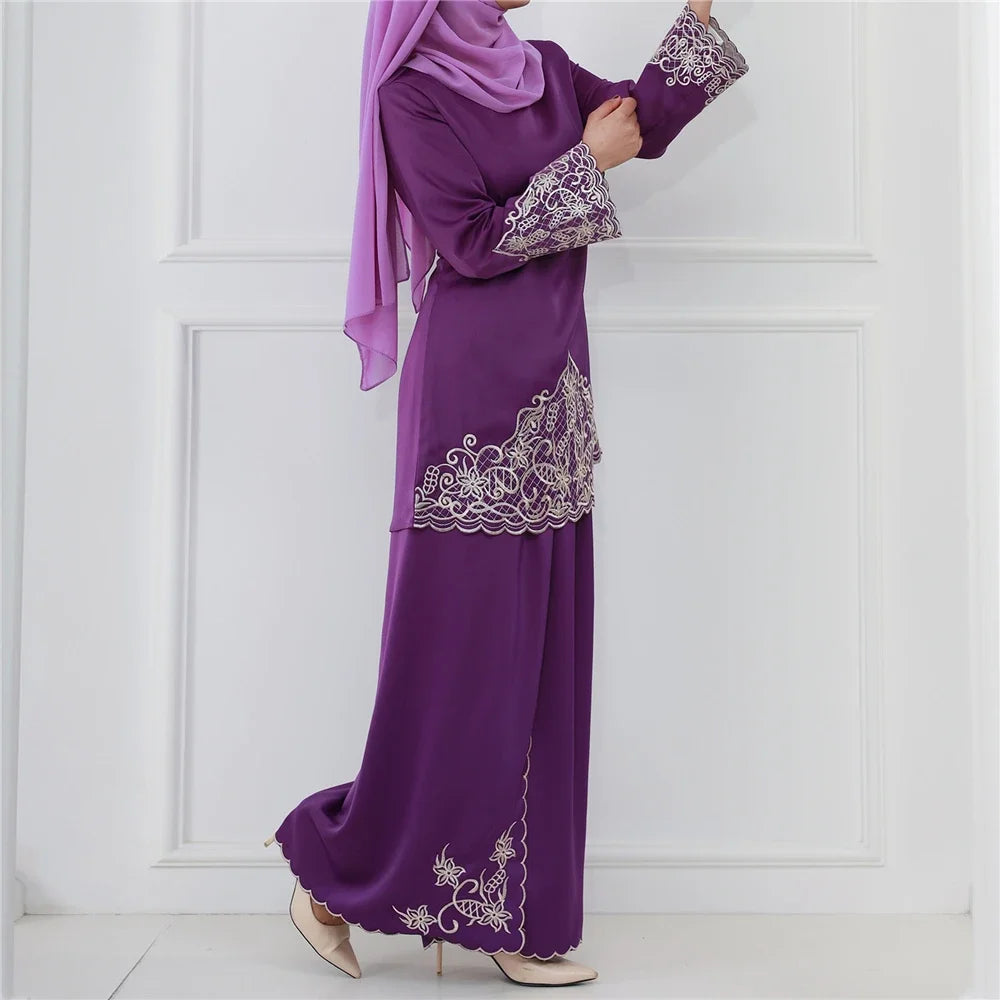 Eid Embroidery Abayas Muslim Women 2 Pieces Set Long Sleeve Tops Skirt Suits Turkey Ramadan Kaftan Dubai Islam Arab Dress Outfit