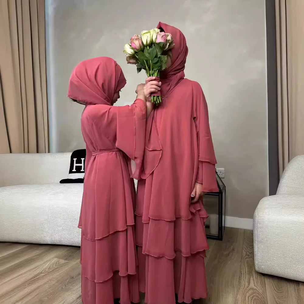 Mother Daughter Abayas Dubai Muslim Women Kids Girls Long Dress Eid Vestidos Lace Up Jalabiya Turkey Kimono Cardigan Islam Robe