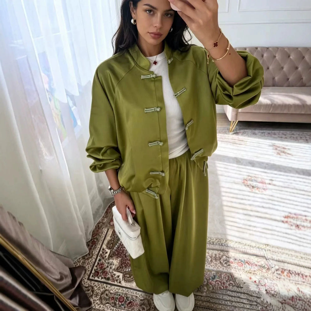 Green Lightweight Loose Women's Summer 2026 Fashion Set Wide Leg Pants Shirt High Waist Casual Commute Style Ensemble