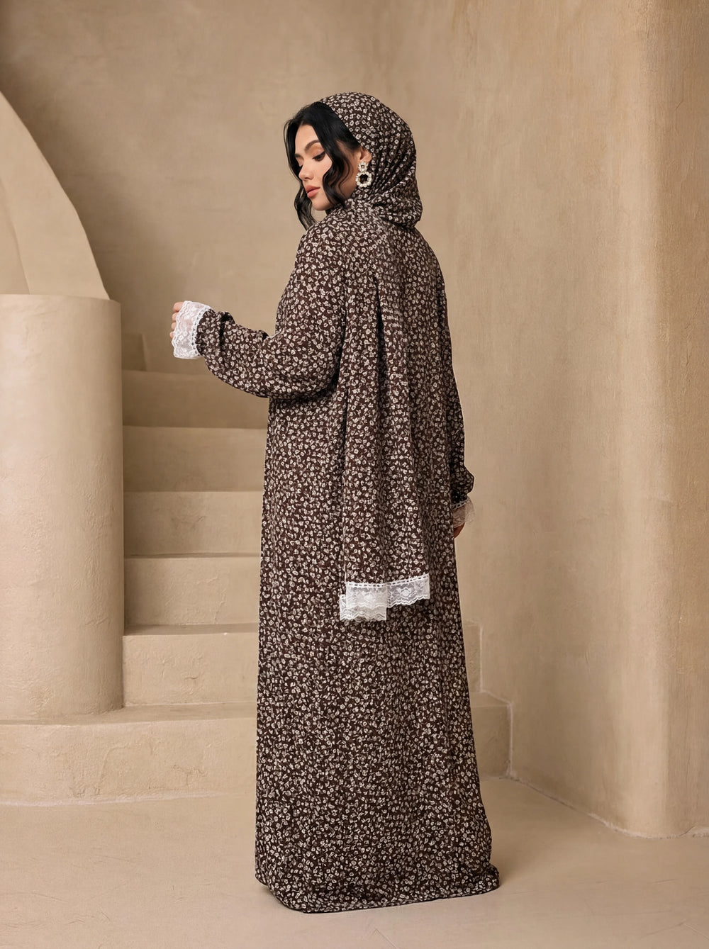 Ditsy Floral Open Abaya 3 Piece Set Matching Hijab, Lace Cuff Flare Sleeve Modest Maxi For Muslim Women Eid Daily Outfit