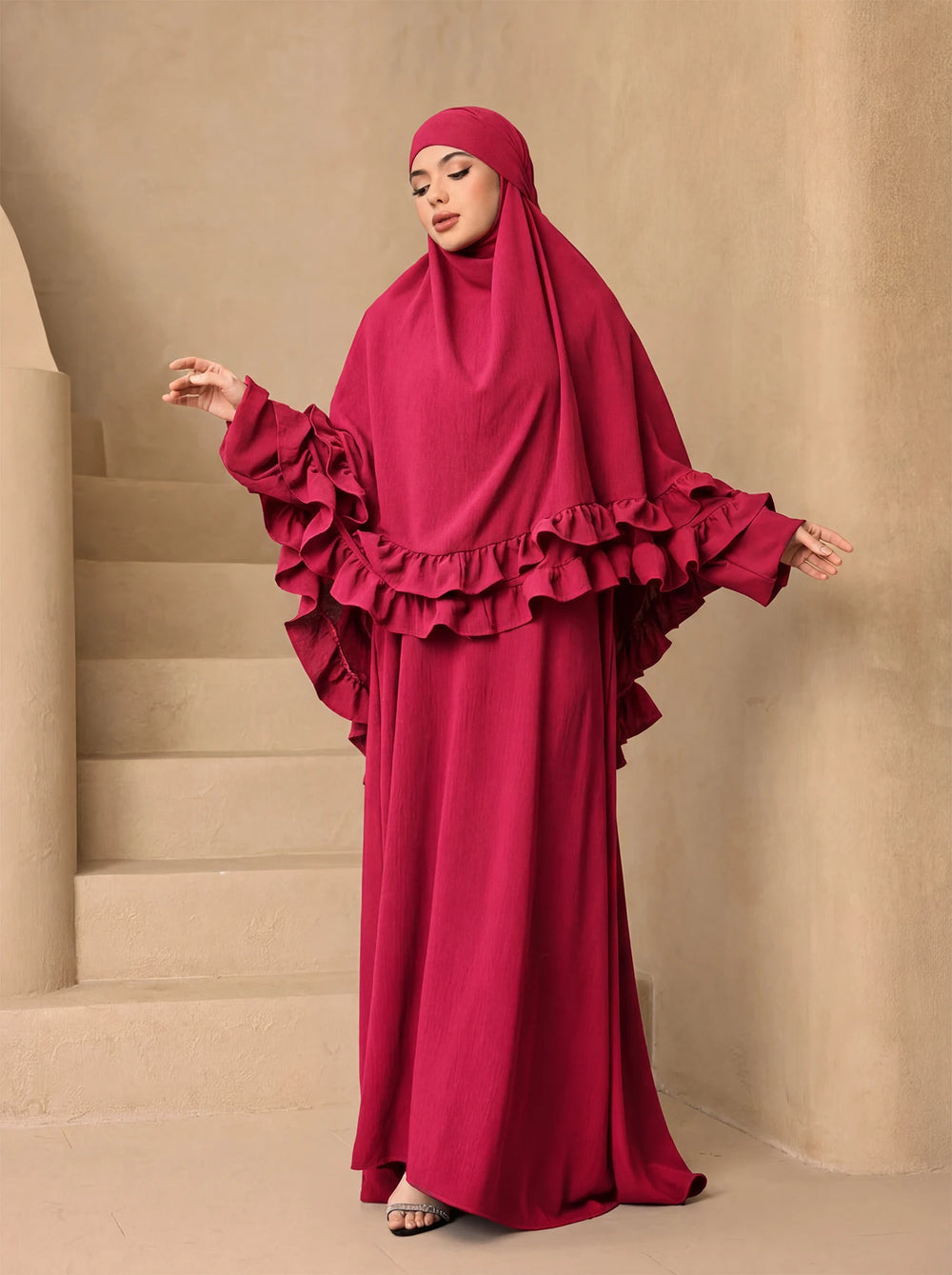Elegant Ruffle Layer Khimar Abaya Two Piece Set,Loose Modest Long Prayer Dress With Flounce Hijab For MuslimWomen Eid Daily Wear