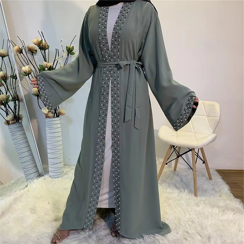 Latest Muslim Abayas for Women Islamic Fashion Pearls Kimono Robe Modest Dress Long Elegant Cardigans Clothing Front Open Abaya
