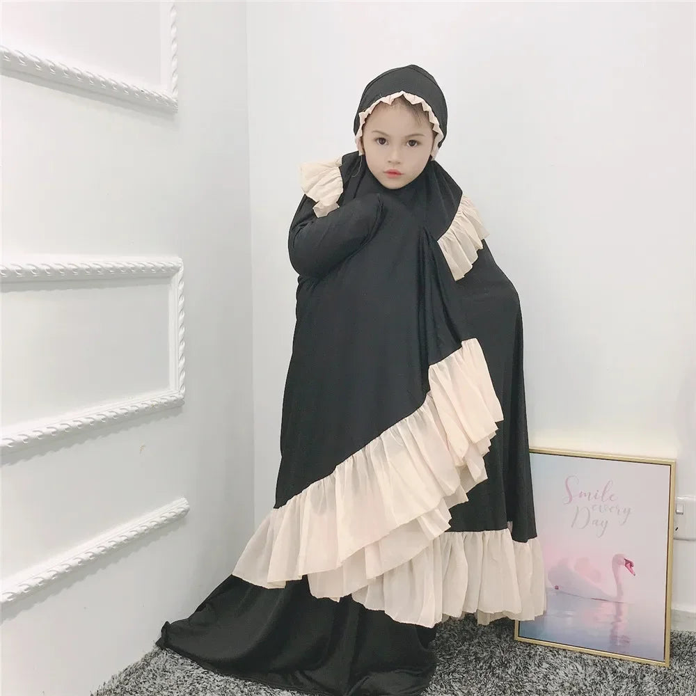 Eid Muslim Kids Girls Prayer Garment Dress Arabic Turkey Khimar Caftan Dubai Hijab Abaya Set Islam Clothing Kaftan Djellaba Robe