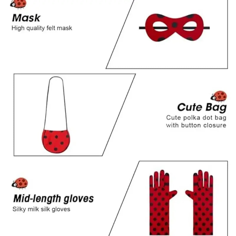 Girls Cosplay Costume Polka Dot Red Dress With Bag Gloves Mask Earrings For Kids Bug Halloween Birthday Dress Up
