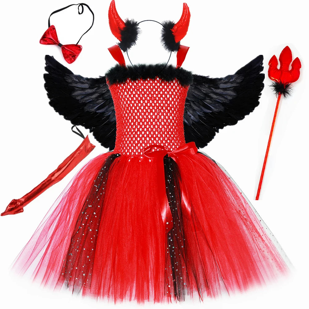 Devil Costume for Girls Halloween Red Demon Tutu Dress Glitter Toddler Kids Carnival Party Dress Up Clothes Wings Horns Outfit
