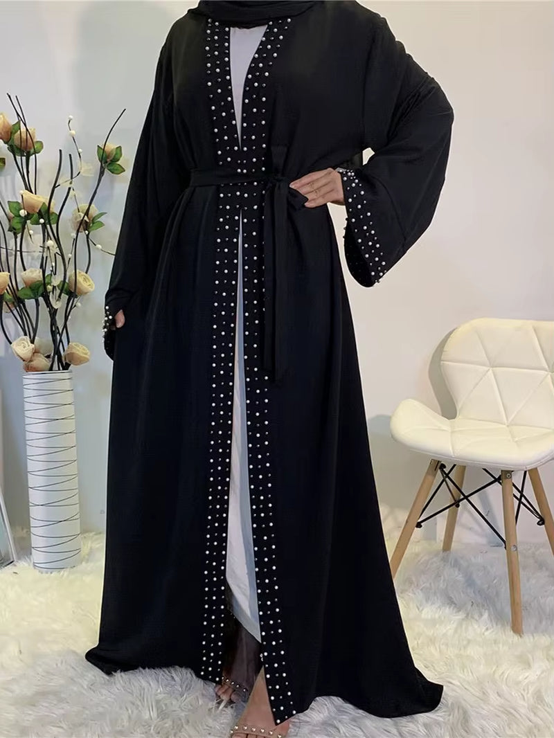 Latest Muslim Abayas for Women Islamic Fashion Pearls Kimono Robe Modest Dress Long Elegant Cardigans Clothing Front Open Abaya