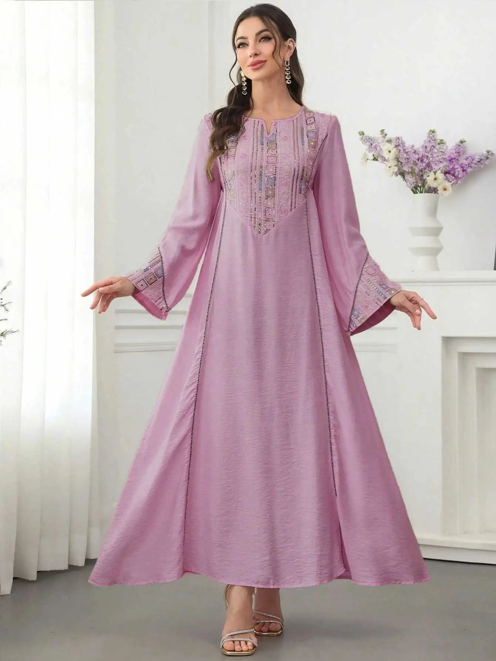 2025 New Dubai Style Light Green Abaya Intricate Sparkling Embroidery on Neck and Sleeves Ideal for Arabian Cultural Galas Women
