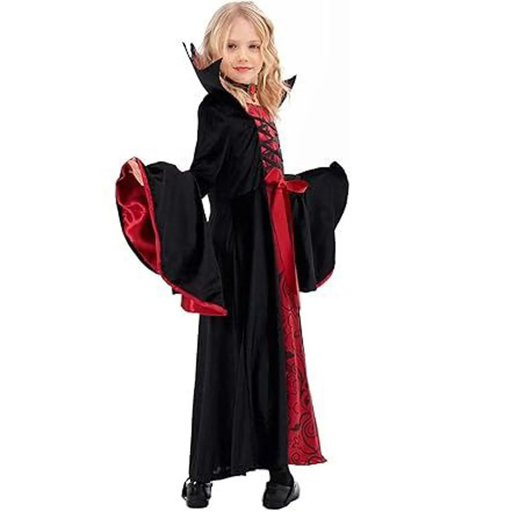 Girls Halloween Vampire Cosplay Dress Necklace Set Kid Witch Horror Role Play Performance Carnival Long Sleeve Clothing