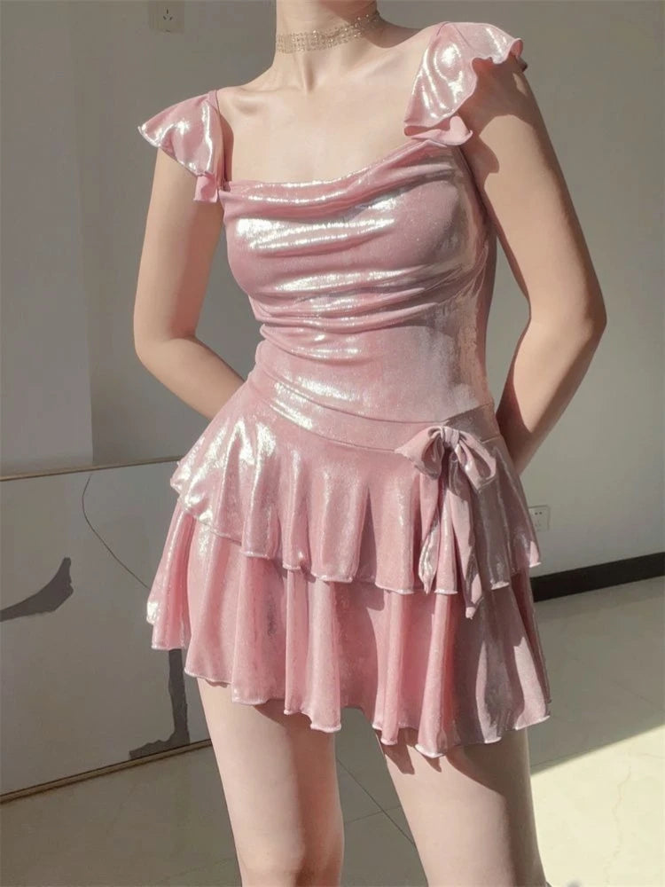 2026 New Women's Shimmer Pink Swimsuit Elegant Modest Pure Desire Bathing Suit for Hot Spring Beach