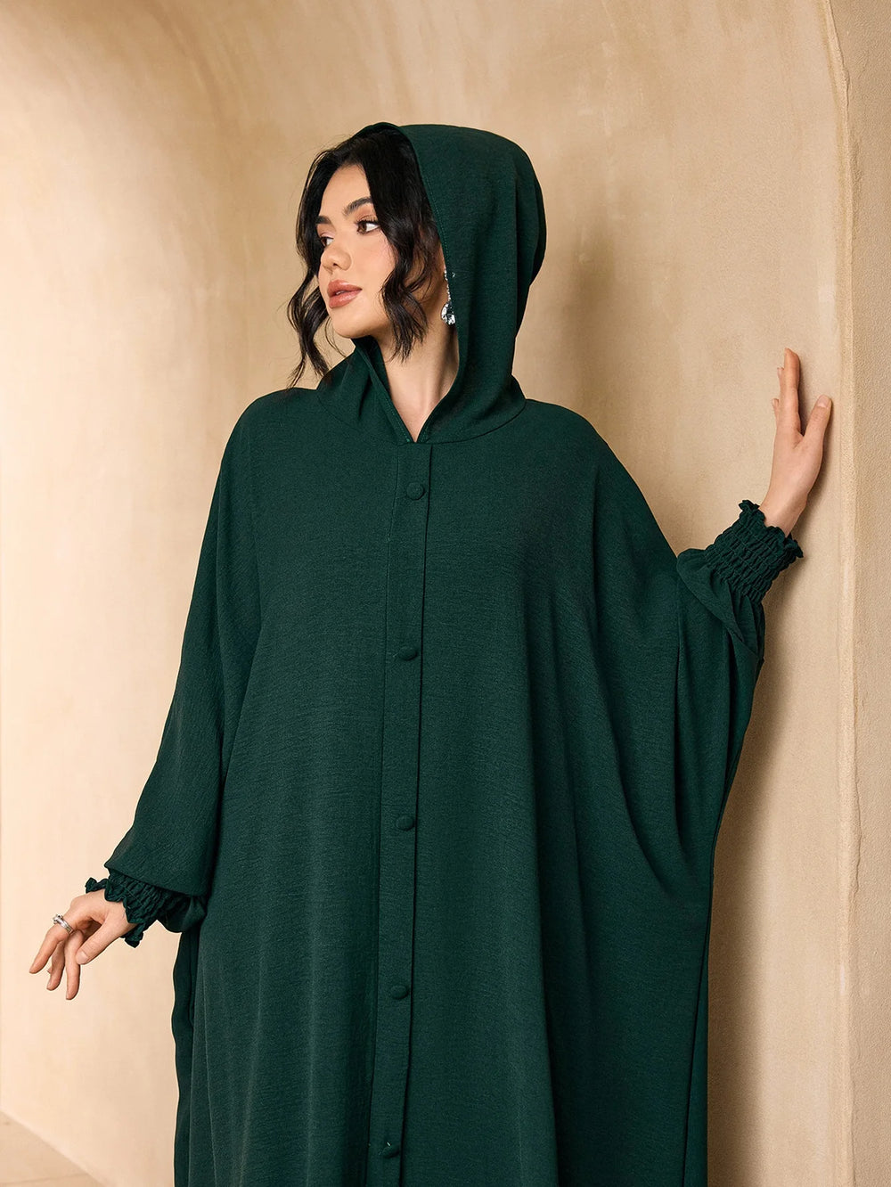 Tie Flare Sleeve Pleated Waist Abaya Dress, Solid Satin Modest Long Maxi Gown Islamic Ladies Daily Party Wear