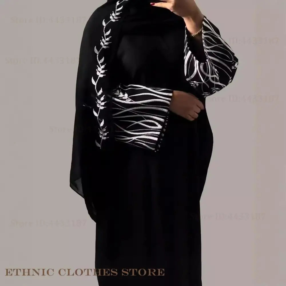 Muslim Women Dress Elegant Black Embroidery Abaya Long Robe Dubai Luxury Eid Ramdan Prayer Dress Kebaya Kaftan Moroccan Dresses
