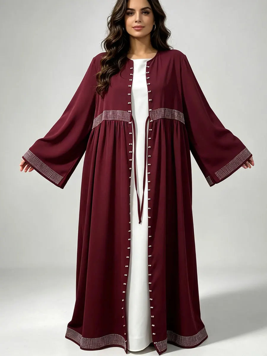 Dubai Open Front Abaya Women Beaded Long Sleeve Cardigan Modest Robe Muslim Ladies Belted Turkey Islamic Maxi Kaftan Outfit