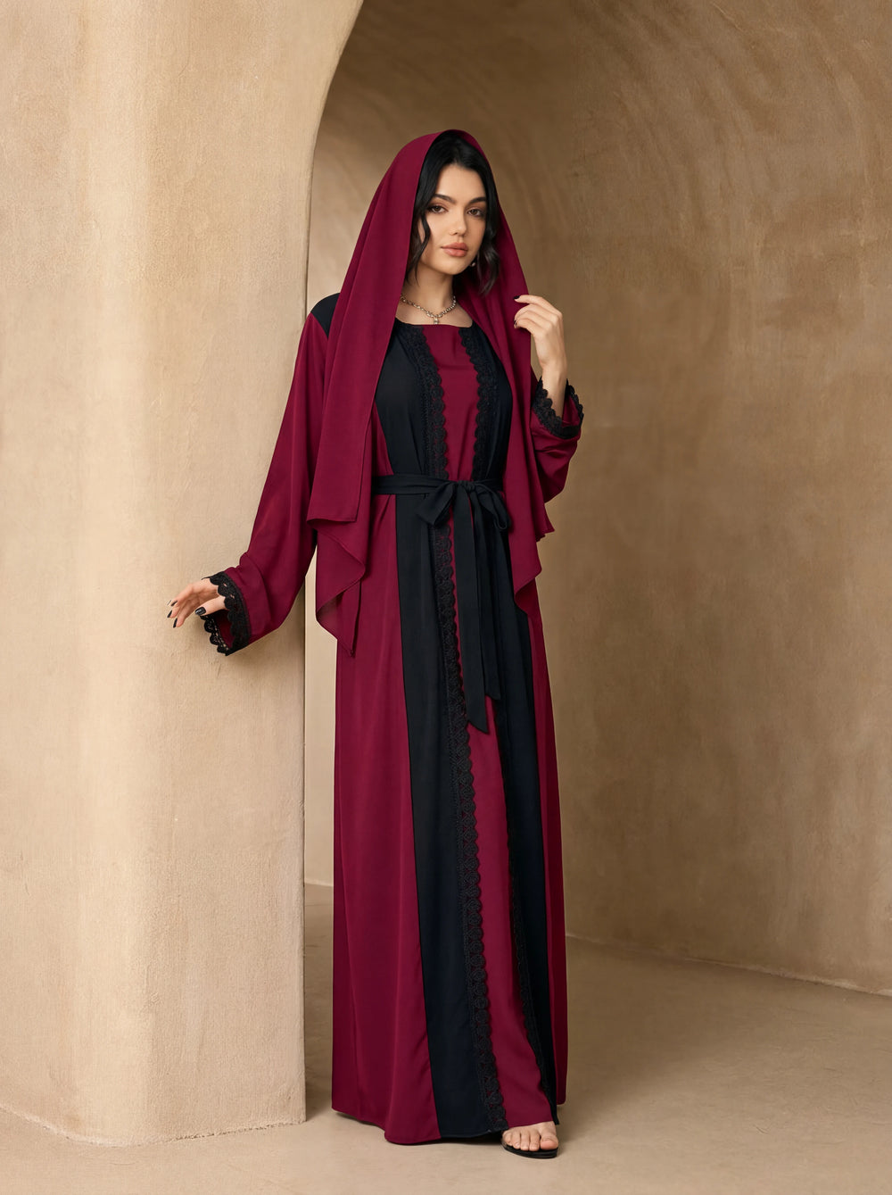 Black Lace Panel Open Abaya 3pcs Matching Hijab Belt Set, Flare Sleeve Modest Long Maxi Outfit for Muslim Ladies Eid Wear