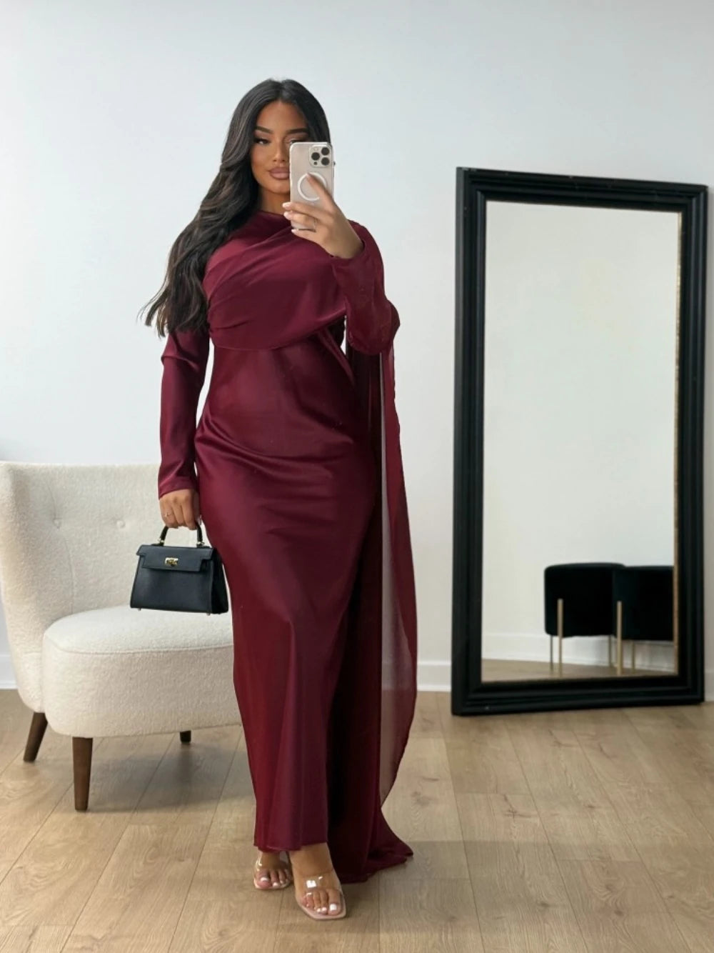 Burgundy Abaya Women Satin Modest Evening Dress Simple Hot Sale Cocktail Gown With Side Cape Elegant Arabic Long Sleeves Robe