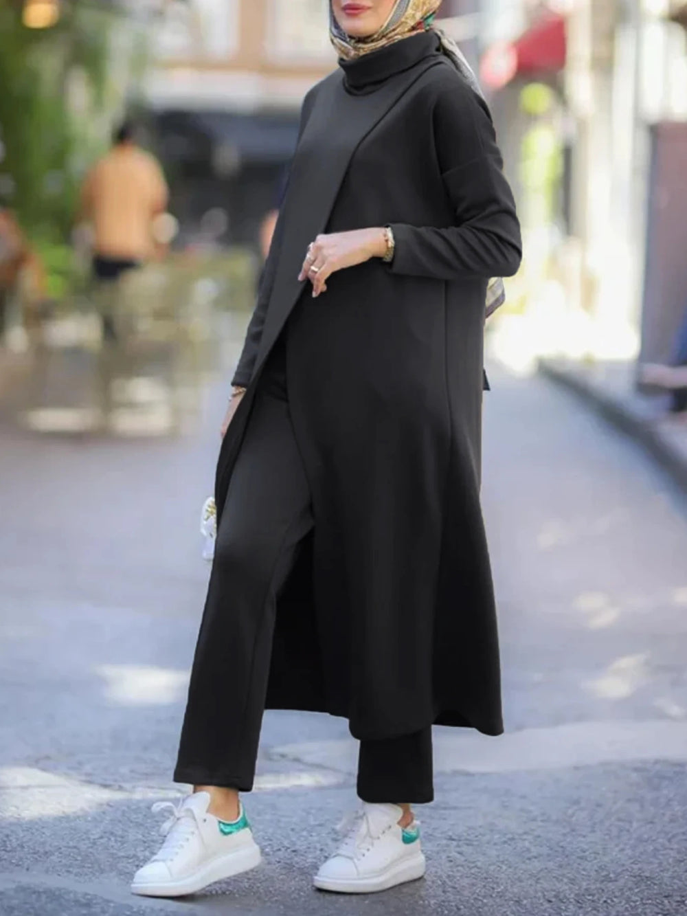 Women Black Abaya Two Piece Set Solid High Neck Irregular Slit Long Maxi Robe Wide Leg Pants Dubai Muslim Islamic Modest Outfit