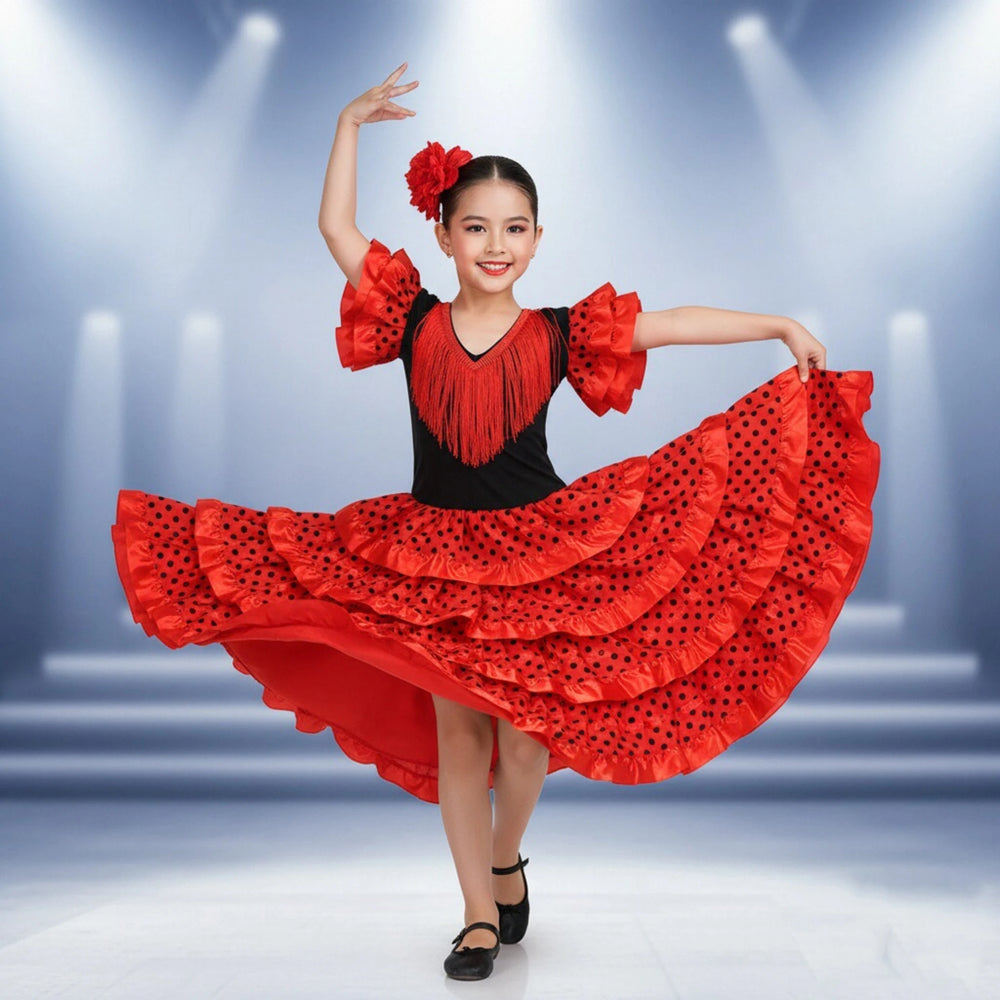 Girls Red Black Flamenco Long Dress Kids Ballroom Dance Costume Carnival Stage Birthday Festival Cosplay Outfit