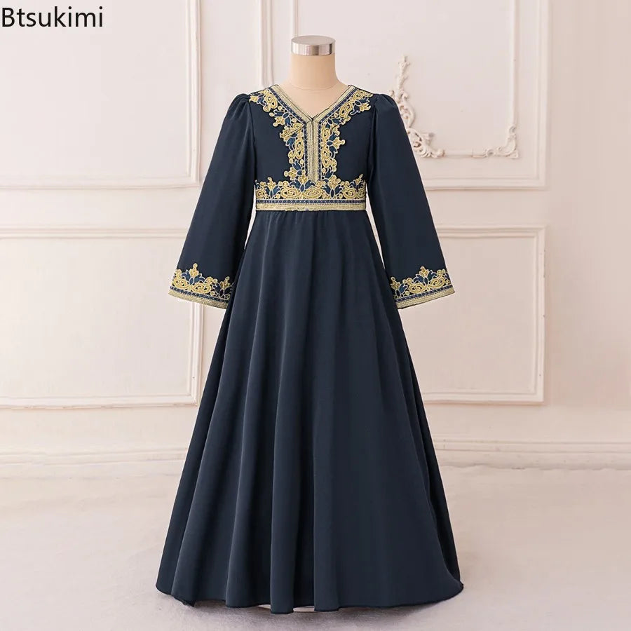 Eid Muslim Kids Dresses Saudi Dubai Abaya Ramadan Prayer Gowns Long Sleeve Kaftan Arab Islamic Casual Robes Girls Party Dresses