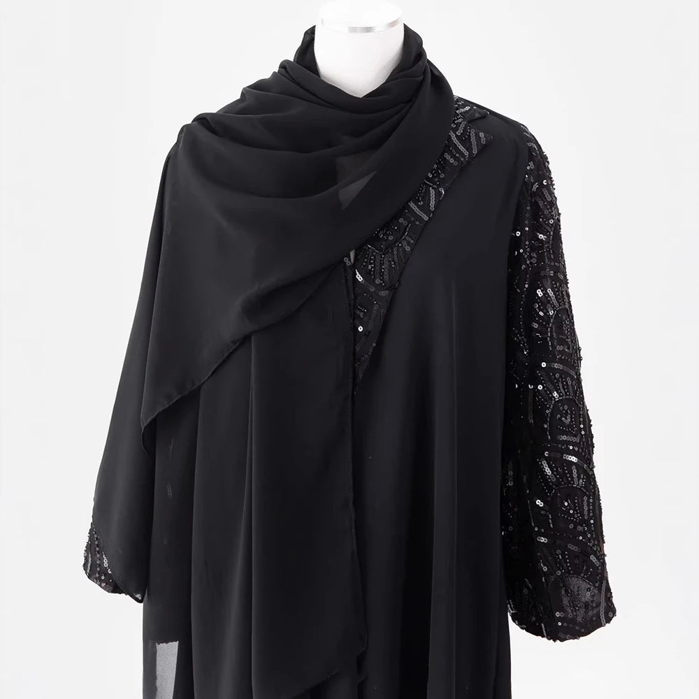 Muslim Dresses Women Suit Abayas Headscarf Sequins Jalabiya Ramadan Morocco Dubai Kaftan Islam Party Vestidos Arab Long Robe